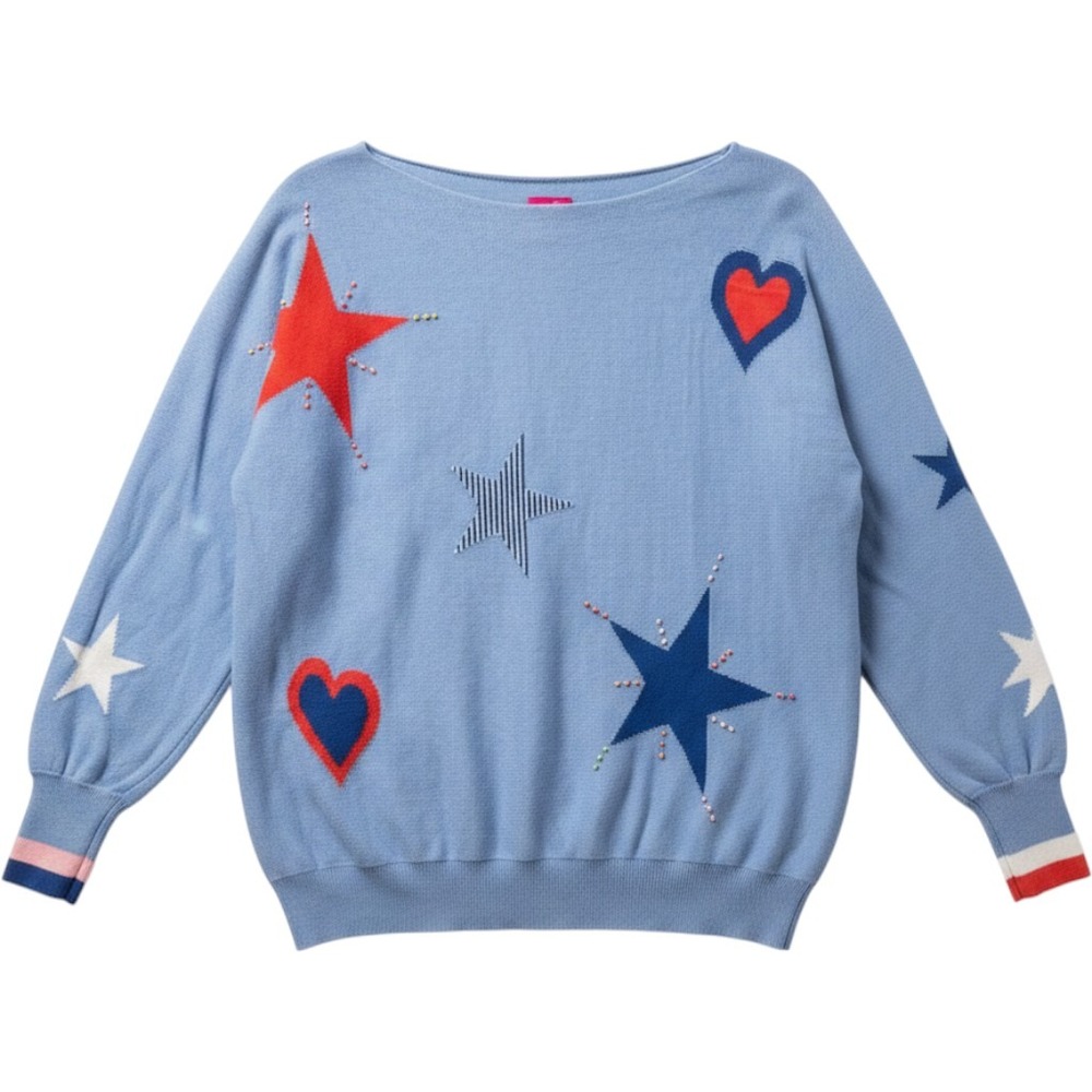 Zaket & Plover Blue Cotton Cashmere Star Heart Embroidered Sweater XL